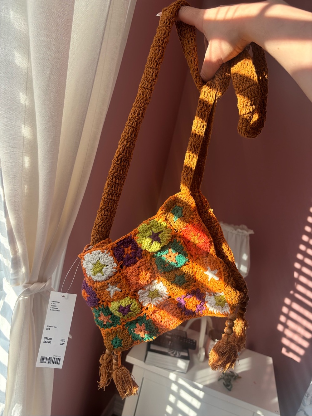 Granny square Crochet Brown Floral Patchwork Crossbody Bag